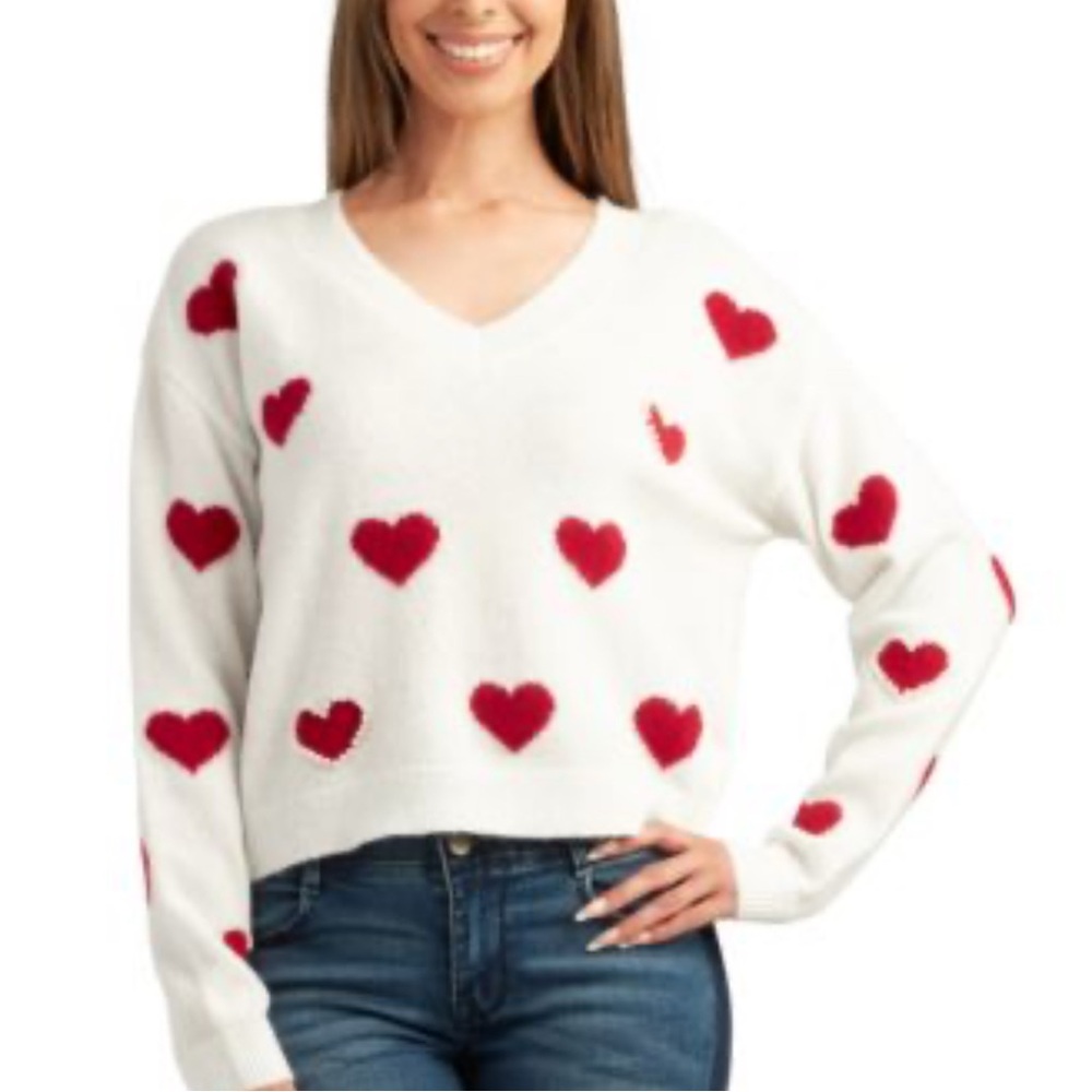 BCX White V-Neck Sweater with Red Hearts